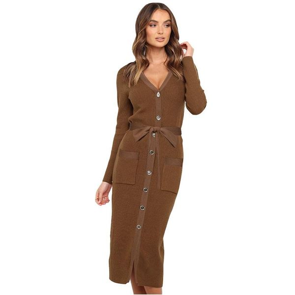 

casual dresses autumn winter single-breasted women solid color v-neck 2021 large size fashion knitting nbh468, Black;gray