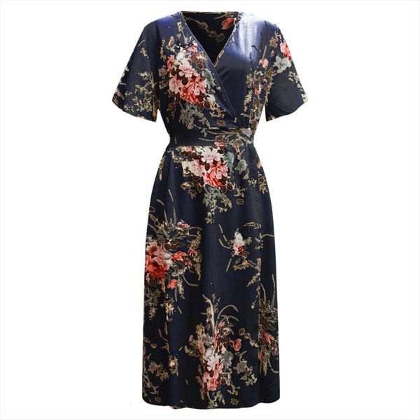 

boho floral printed plus size women dress maxi with short sleeve v neck elegant sundress vestido de mujer, Black;gray