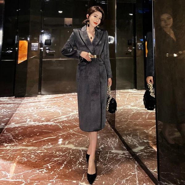 

women's wool & blends grey tweed coat middle long 2021 winter thickened warm and slim with thin temperament, Black