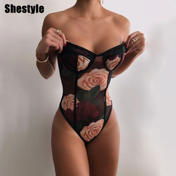 

shestyle 2021 women bodysuits mesh spaghetti strap see through wrap black elastic sleeveless flower print spring outfits sexyb, Black;white