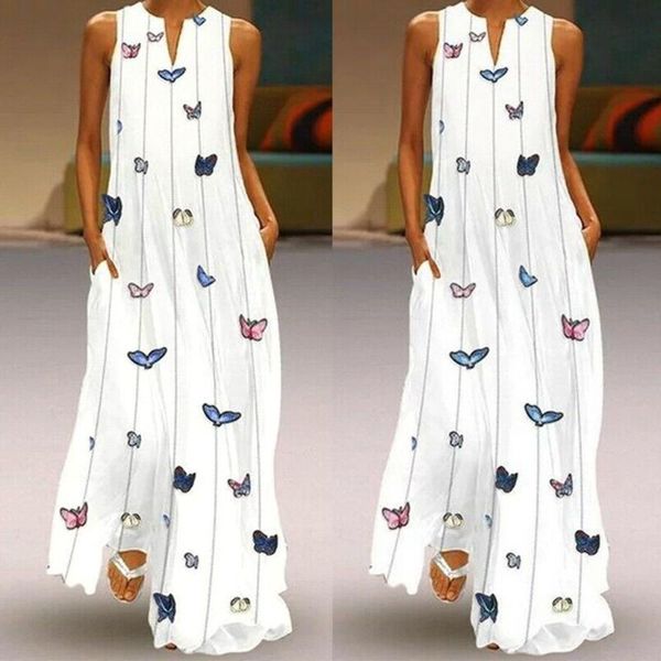 

women plus size maxi dress butterfly print daily sleeveless vintage boho white v neck long party dresses casual vestidos, Black;gray