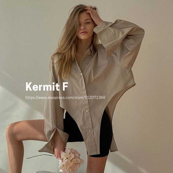 

women's polos [kermit f] fashion long sleeve turn-down collar neck single-breasted button solid irregular loose shirt blouse, White