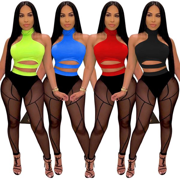 Zoctuo Sexy Club Party Women Set Mesh See Through Top Sweatpant Jogger Suit Tuta Cut Out Pants 2Pcs Set coordinato Outfit Y0625