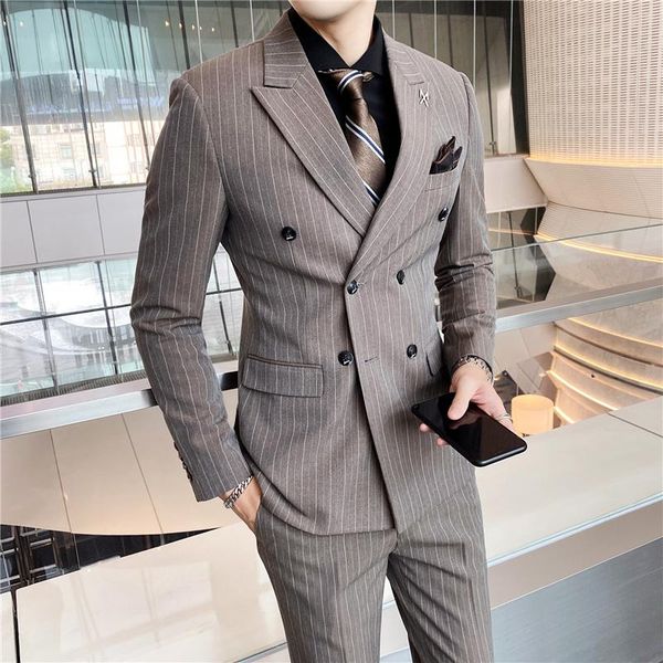 

men's suits & blazers (blazer +pants)2021 men spring autumn 2- pieces classic stripe suit sets business wedding party set, White;black