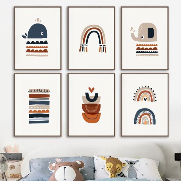 

paintings rainbow whale elephant posters and prints nordic wall art nursery canvas painting abstract cartoon pictures kids room decor