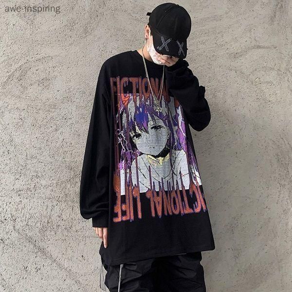 

men's t-shirts autumn ins harajuku style high street animation printing loose long-sleeved t-shirt male and female student tide, White;black