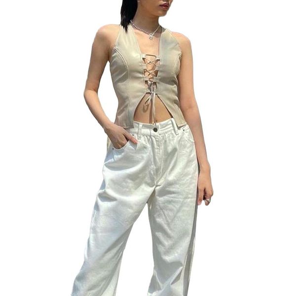 

women's tanks & camis 2021 women summer crop solid color hollow-out cross straps sleeveless tank for girls beige, White