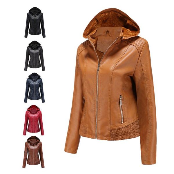 

women's leather & faux fashion jacket winter solid zipper pu biker outerwear female velvet coat detachable hooded cloth black red camel