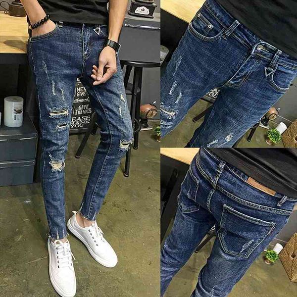 

wholesale fashion denim pants mens boys small feet ripped holes cropped jeans thin mens social men beggar pencil pants, Black