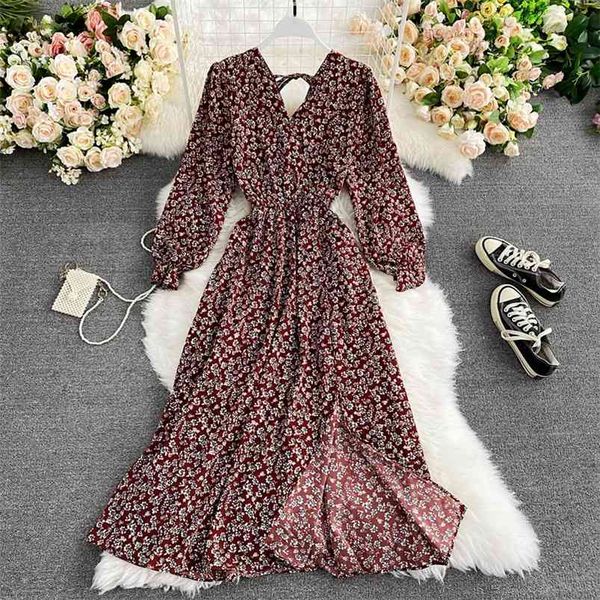 Outono retro lanterna manga floral vestido moda temperamento foi fino v-pescoço aberto volta oco chiffon longo vestidos uk541 210507