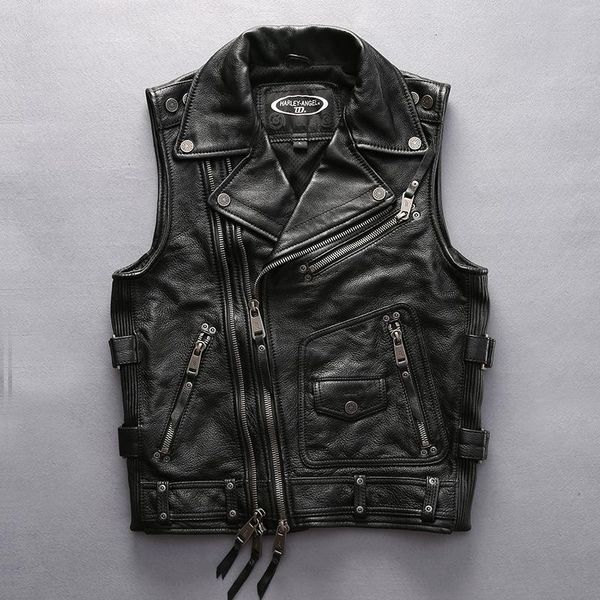 

men's vests men style cowhide vest motorcycle rider genuine leather double zipper sleeveless coat, Black;white