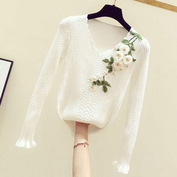 

knits chic white woman spring/autumn hand embroidered flower decoration v-neck long sleeve pullover sweater sueter