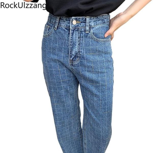 

high waist loose straight plaid simple casual denim pant women jeans clothing fashion plus size boyfriend cute korean slim long, Blue