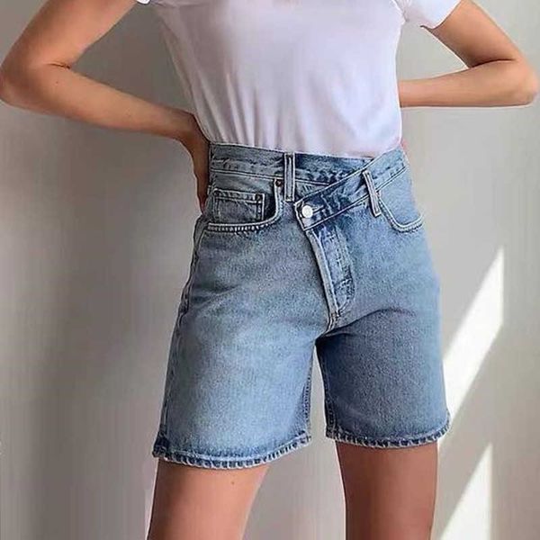 

asymmetric waist straight leg jeans denim shorts womens vintage high waist fashion summer casual clothings 210611, White;black
