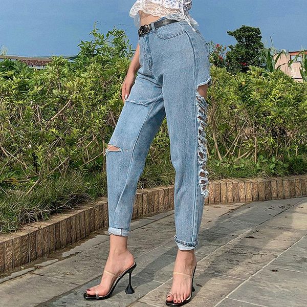 

loose straight ripped leisure trousers jeans high waist women fashion washed vintage female street style pants women's, Blue