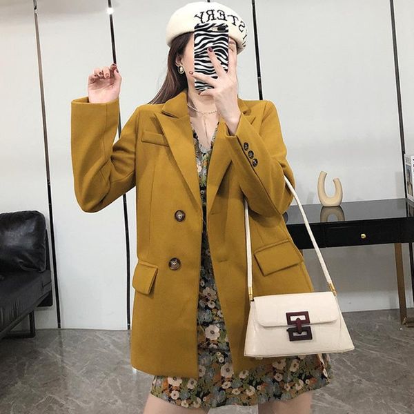 

women's tracksuits [ewq] autumn female turn-down collar long-sleeved blazer coat single breasted loose+ruffles floral dress minimalist, Gray