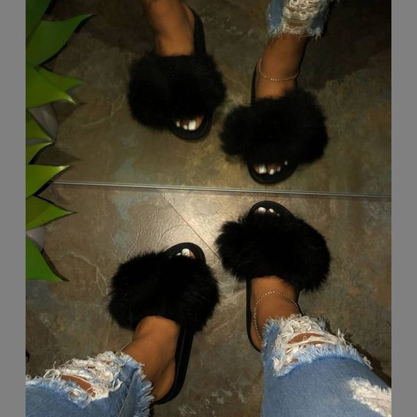

2021 new fashion plush comfortable outdoor large size slippers one-line soft flat bottom solid color women slippers, Black