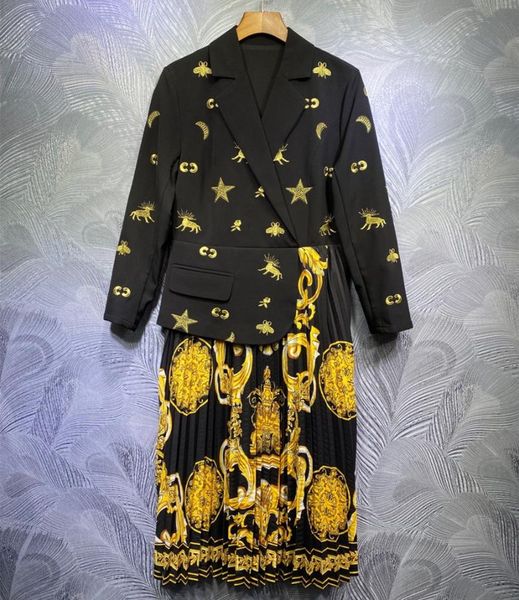 

casual dresses 2021 spring designer women's print pleated dress embroidery tailored collar c284, Black;gray