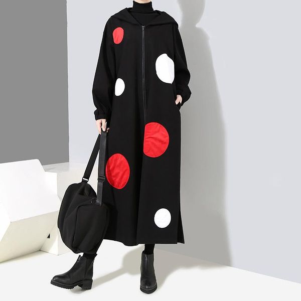 

women's trench coats buykud 2021 winter korean overcoat long sleeve dot pattern loose plus size casual women overcoats, Tan;black