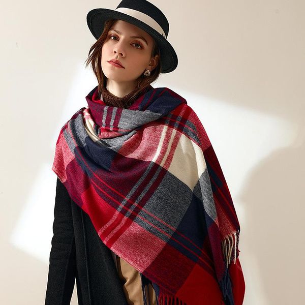 

scarves winter plaid print double-sided imitation cashmere scarf women and shawls blanket pashmina foulard neckerchief bufanda, Blue;gray