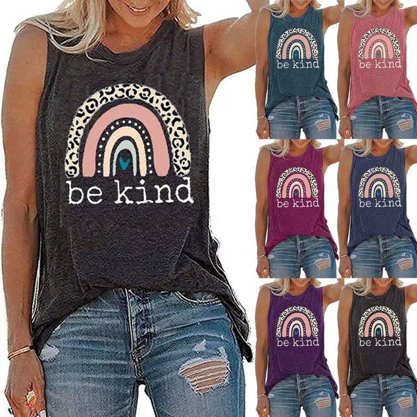 

women's t-shirt rainbow frock bekind printed letters round collar sleeveless, White