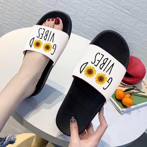 

slippers women slides open toe indoor fashion ladies good vibes fun print zapatillas mujer, Black