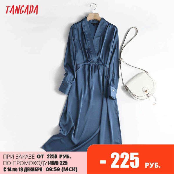 

tangada 2021 autumn fashion women elegant satin dress long sleeve office ladies midi dress with slash 6d105 g1214, Black;gray