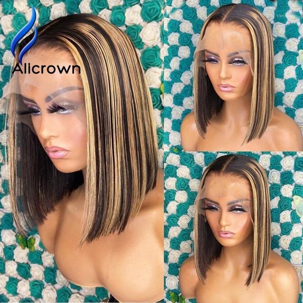 

highlight t-part lace front human hair wigs full ends short bob non-remy pre-plucked natural hairline1, Black;brown