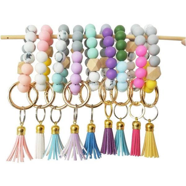 

jewelry leather tassel bracelet keychain food grade silicone wooden beads round bangle keyring 11 colors bracelets, Red;brown