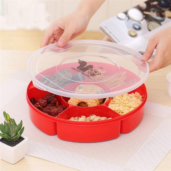 

dishes & plates creative plastic multi sectional snack serving tray set with lid for home (red)