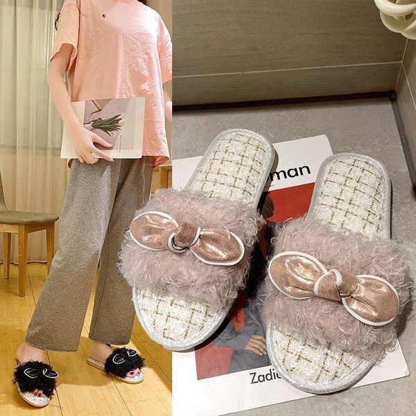 

korean style home sweet fashion fur slipper women's bow 2021 autumn and winter non-slip girl's cotton slippers, Black