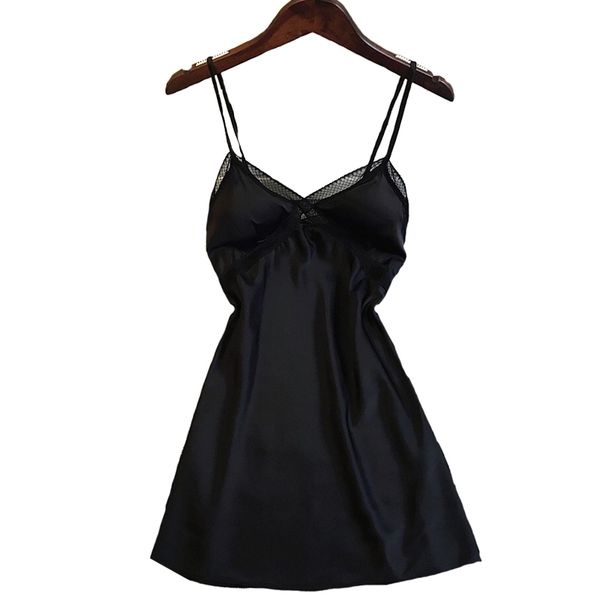 

casual dresses summer new ladies silk satin skirt with breast cushion nightgown lace sling dress homewear sde0, Black;gray