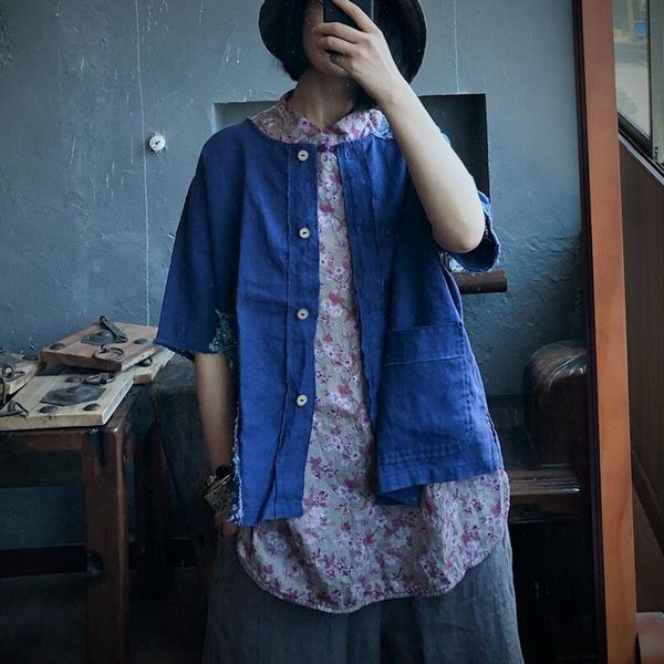 

women's blouses & shirts johnature 2021 women autumn vintage linen patchwork print short sleeve casual navy torn edges, White
