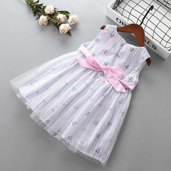 

2-7 years girl dress summer fashion bow stripe kid children clothing party formal princess 210615, Red;yellow