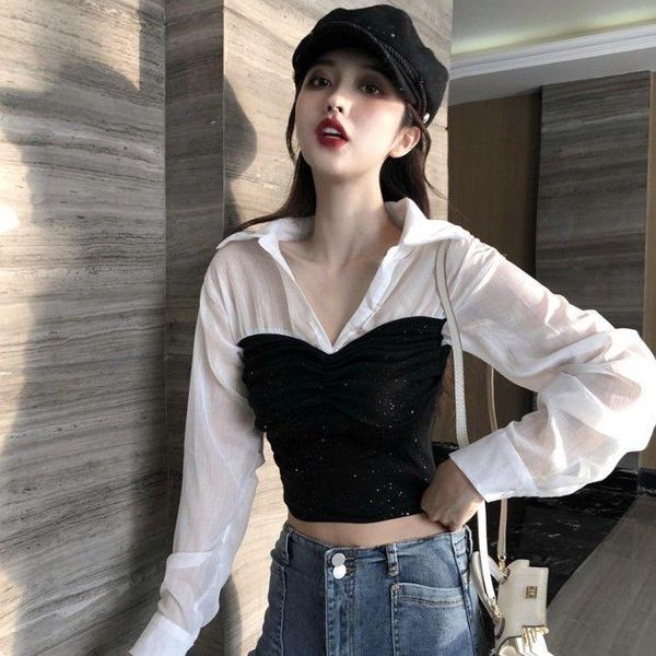

women's blouses & shirts women blouse spring summer long sleeves short shiny stitching shirt clothing ropa de mujer, White