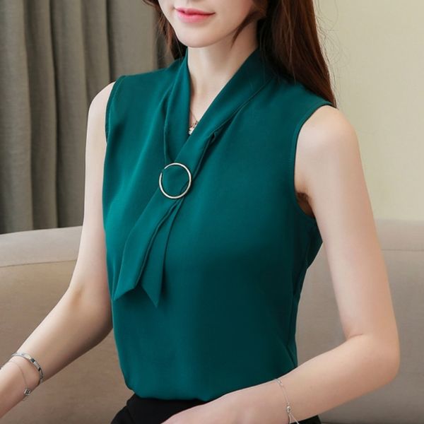 

summer women blouses womens clohting sleeveless chiffon blouse bow collar office ladies womens and blouses b389 210602, White