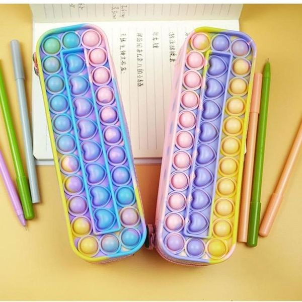 

push bubble fidget toys pencil-case children's rainbow silicone large capacity storage stationery box toys pioneer sensory fidget decom