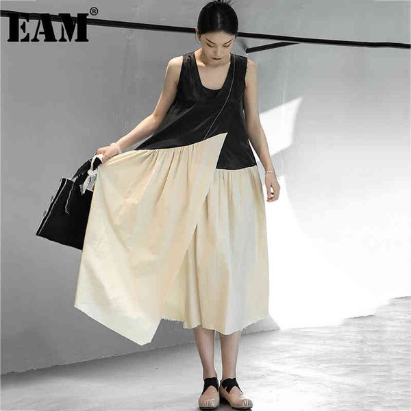 

[eam] women black spliced pleated burr bright linen dress round neck sleeveless loose fit fashion spring summer 1dd7717 21512, Black;gray