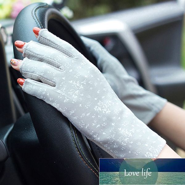 Luvas de Algodão das Mulheres Luvas Sem Finger Dedo Meio Dedo Anti-Skid Sun Protection Impressão Fina Dot Luvas de Condução curtas