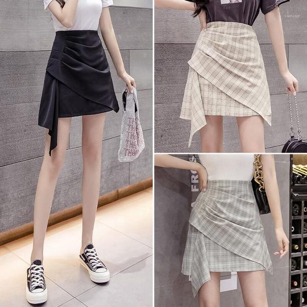 

skirts short skirt 2021 irregular lattice women's summer a-line high waist pleated buttock fashion, Black