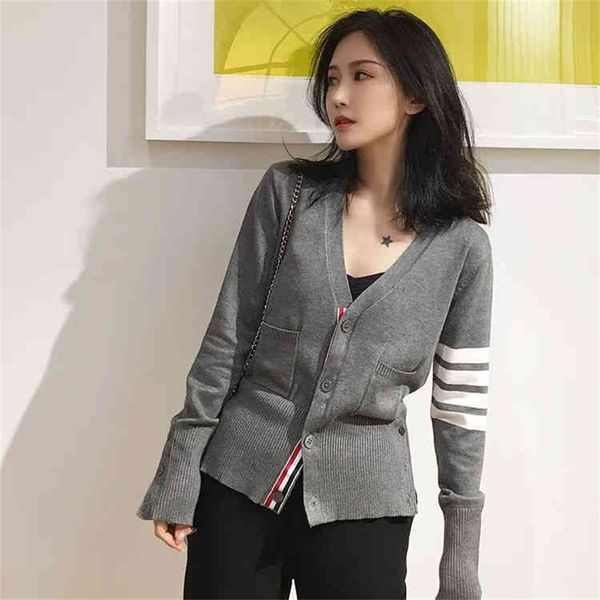 

high end custom tb knitted cardigan women's autumn and winter new college style v-neck slim fit short coat top, Black;brown