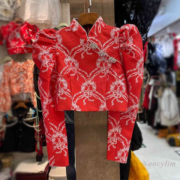 

blouses red jacquard shirt national fashion retro chinese style women high waist sleeve crop spring lady blusa, White
