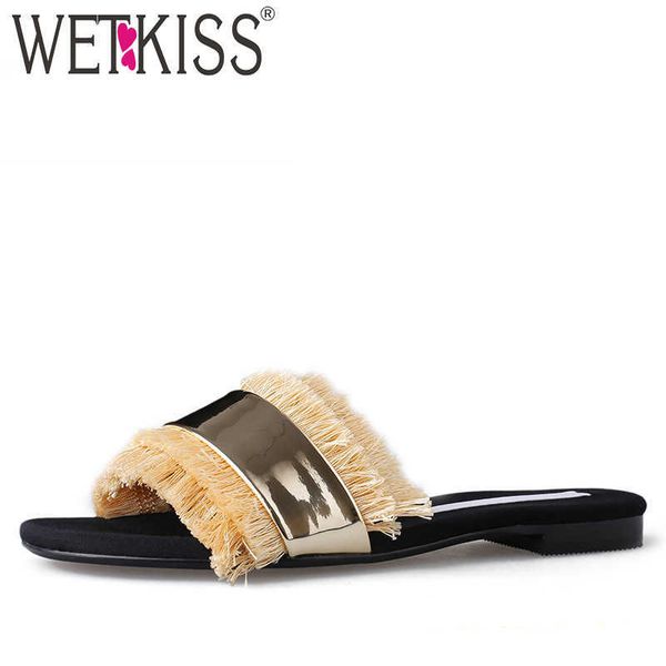 

wetkiss fashion casual slippers woman footwear slides tassel shoes female metal decoration mules shoes women summer 210630, Black