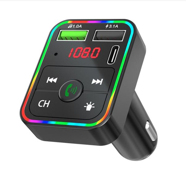 

f7 f8 car bluetooth 5.0 fm transmitter 7-color atmosphere lightr kit mp3 modulator wireless handsaudio receiver rgb color with box