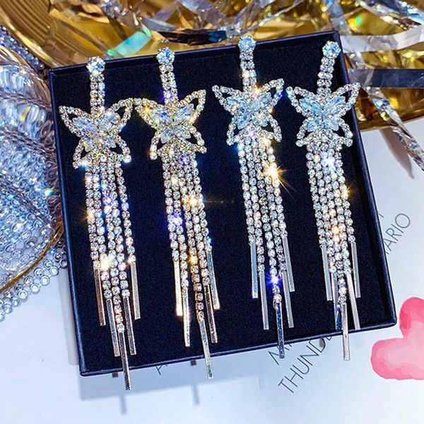 

exquisite temperament shining cz zircon butterfly long tassel drop earrings fashion female banquet full crystal jewelry dangle & chandelier, Silver