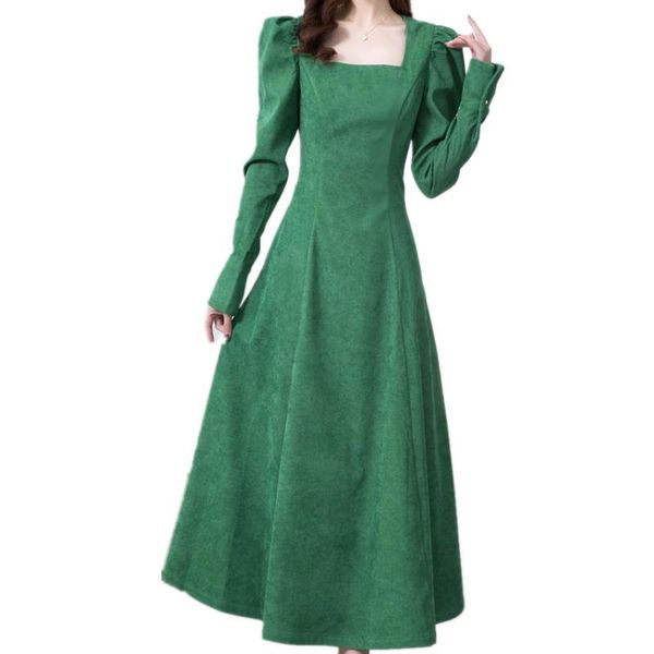 

casual dresses autumn spring vintage corduroy long dress women square collar slim high waist big swing, Black;gray
