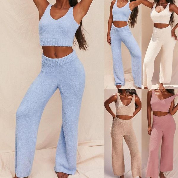 

women's tracksuits 2021 knitted tracksuit two piece set women autumn backless crop vest pants plush outfit matching for, Gray