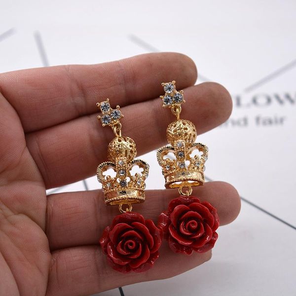 

dangle & chandelier women fashion queen vintage earrings baroque royal rose flower crown metal statement wendding party jewelry gift, Silver