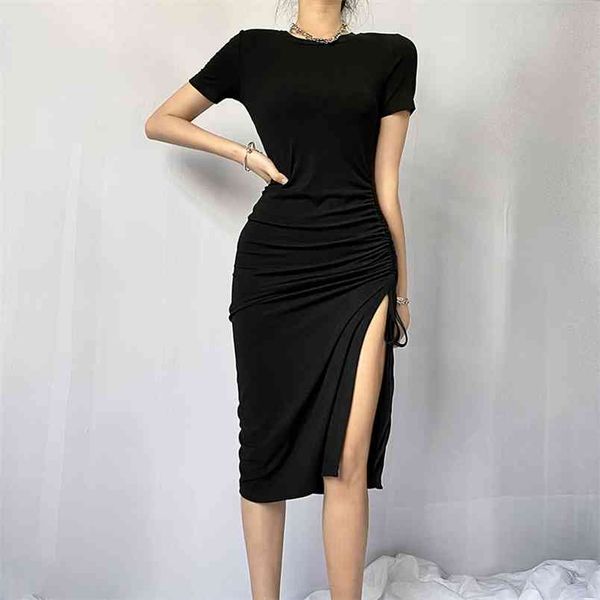 

drawstring split robe y2k summer short sleeve dress women o-neck black casual stretch sundresses bodycon party dresses 210510, Black;gray