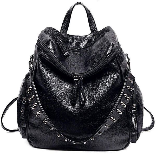 

women backpack purse 3 ways school bag pu washed leather rivet studded ladies rucksack shoulder black